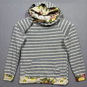 Ampersand Floral Striped Double Hood Zipper Detail Hoodie Medium Casual Comfy